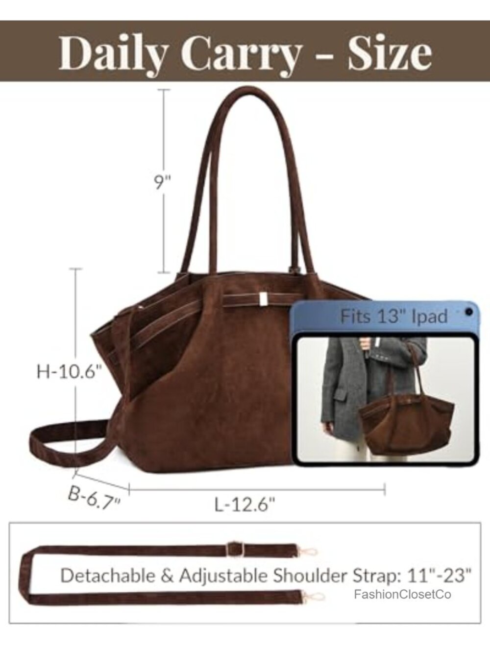 Faux Suede Tote Bag for Women - Shoulder Crossbody Handbag - Large Capacity - Picture 4 of 6